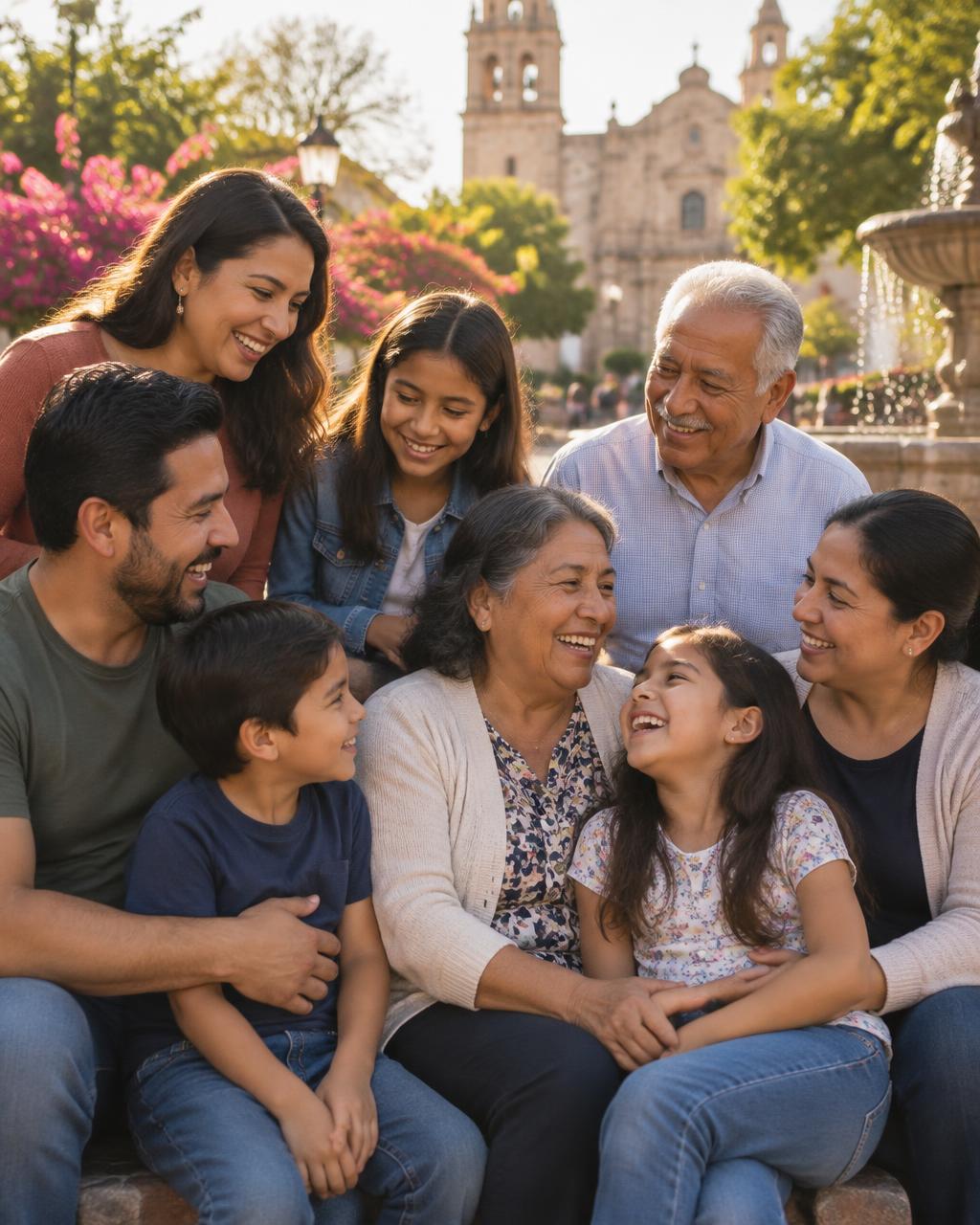 Familias mexicanas de varias generaciones compartiendo y riendo juntas en una plaza al atardecer