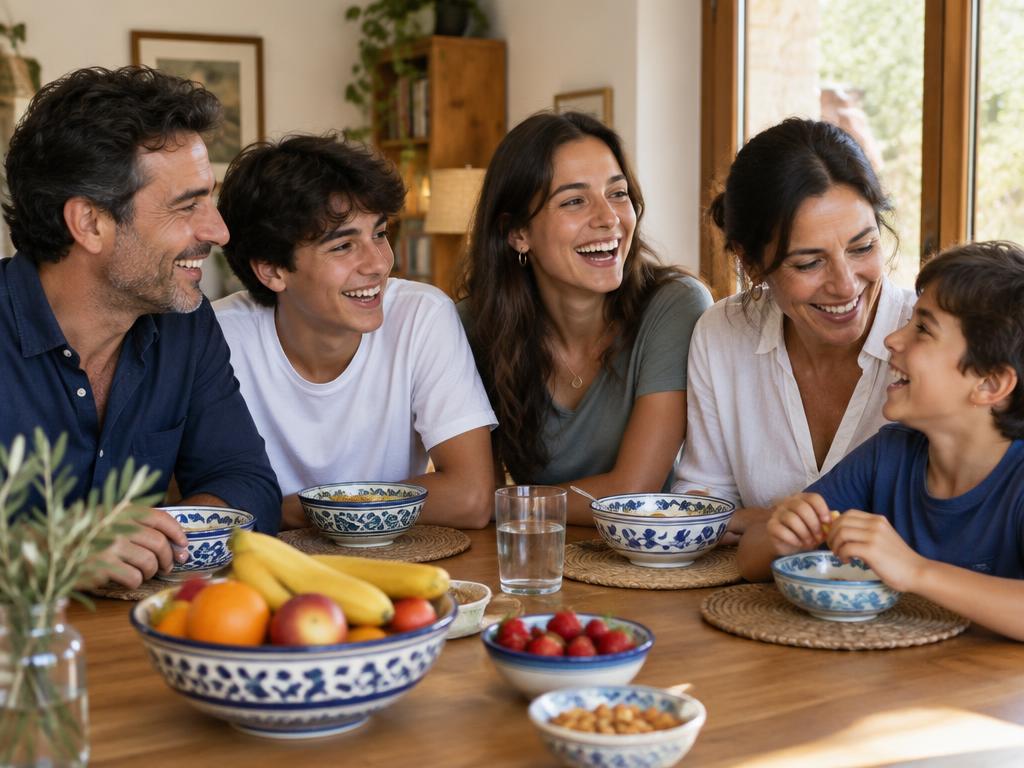 Familia de cuatro miembros riendo junta alrededor de la mesa