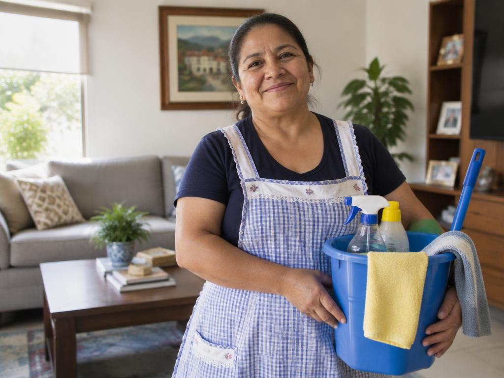 Trabajadora del hogar sonriendo con orgullo en una casa luminosa